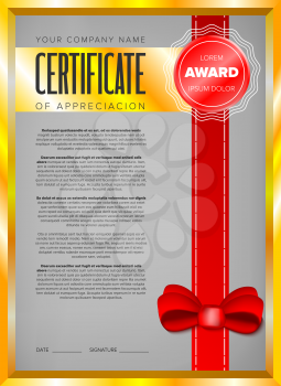 Certificate design in golden frame with red ribbon and bow