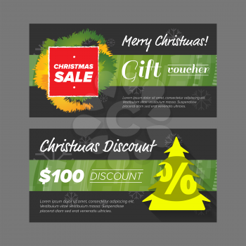 New Year Gift voucher design with sale tag and green tree