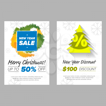 New Year Banner with sale tag and green tree wth percent sign
