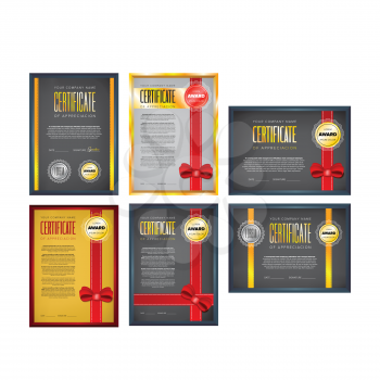 Certificate design set with red ribbons and bows