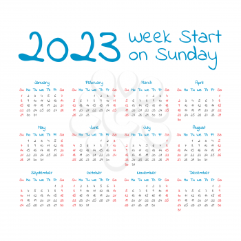 Simple 2023 year calendar, week starts on sunday