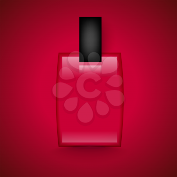 Photorealistic perfumery vector glass bottle with the shadow on the red background