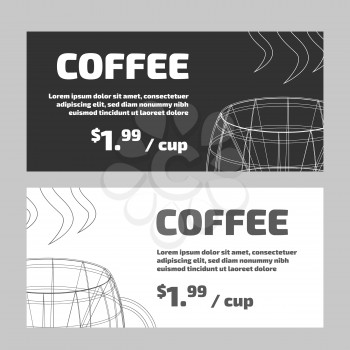 Cafe marketing black and white banners set with outline coffee cup