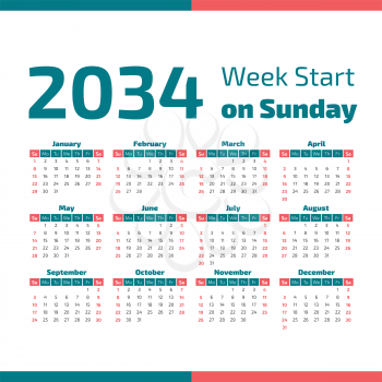 2034 Classic Calendar with the weeks start on Sunday