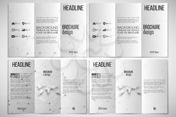 Vector set of tri-fold brochure design template on both sides with world globe element. Molecular structure design, scientific vector background.