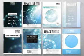 Set of business templates for brochure, flyer or booklet. DNA molecule structure on dark blue background. Science vector background.