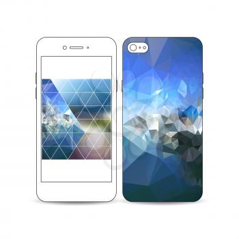 Mobile smartphone with an example of the screen and cover design isolated on white background. Abstract colorful polygonal background with blurred image on it, modern stylish triangle vector texture. 