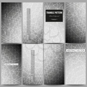 Set of modern vector flyers. Sacred geometry, triangle design gray background. Abstract vector illustration