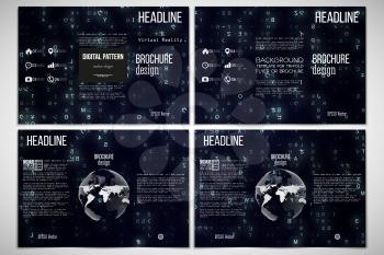 Vector set of tri-fold brochure design templates on both sides with world globe element. Virtual reality, abstract technology background with blue symbols, vector illustration.