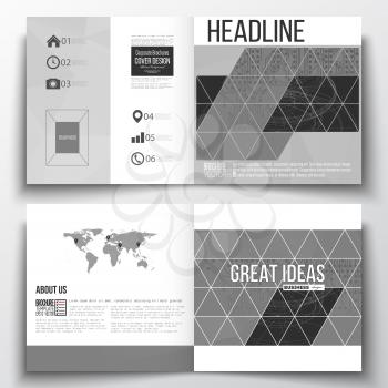 Vector set of square design brochure template. Microchip background, electrical circuits, construction with connected lines, scientific or digital design pattern, science design vector template.