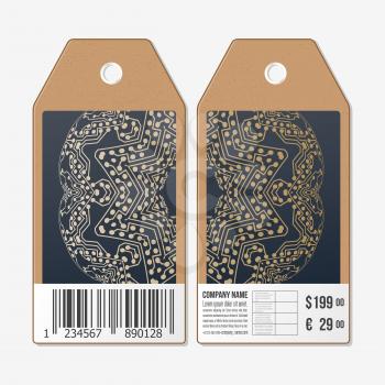 Vector tags design on both sides, cardboard sale labels with barcode. Golden microchip pattern, abstract template with connecting dots and lines, connection structure. Digital scientific background