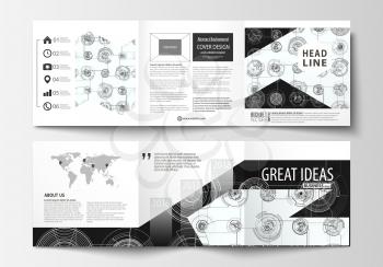 Business templates for square tri fold brochures. Leaflet cover, flat layout, easy editable vector. High tech design, connecting system. Science and technology concept. Futuristic abstract background