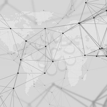 Abstract futuristic network shapes. High tech background with connecting lines and dots, polygonal linear texture. World map on gray. Global network connections, geometric design, dig data technology 
