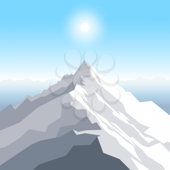 A midday sun over the mountains. Landscape with peak. Mountaineering and traveling and outdoor recreation concept. Abstract background for web, presentations or prints. Vector illustration