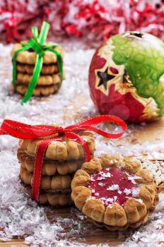 fragrant Christmas cookies on the background of decorated Christmas ornaments 