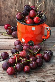 Ripe cherries on wooden background in the iron circle
