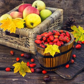Apples in stylish wooden basket on the background of the tubs with rose hips