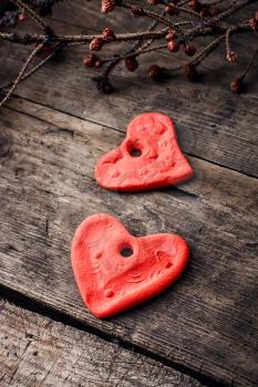 Sculpted hearts made from salt dough handmade.Selective focus