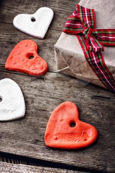Sculpted hearts made from salt dough handmade.Selective focus