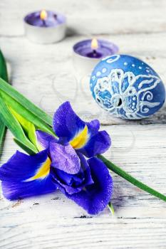 Iris flower painted and decorated Easter egg on light background