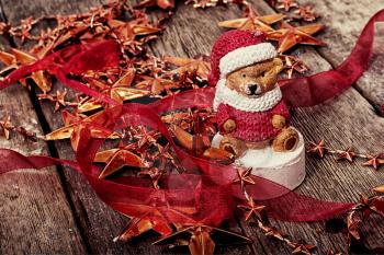 Christmas decorations and toys on wooden background