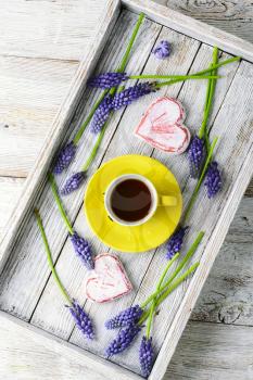 Stylish wooden tray with a mug of tea scattered with fresh hyacinths.Top view