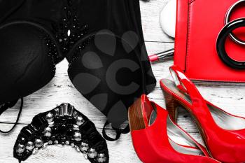 Set with corset womens ,shoes and red clutch bag
