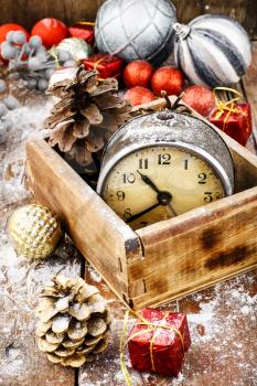 Happy New Year To 2017.Old vintage alarm clock in wooden box and Christmas decoration