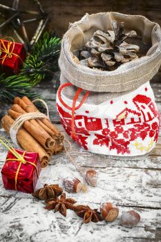 Christmas bag with gifts on the background of Christmas decorations