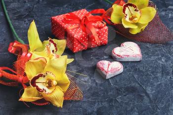 Symbolic hearts,gift and orchids Valentine day
