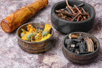 pestle and three mortar with herbs comfrey, inonotus obliquus and calendula