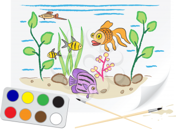 Children drawing the aquarium a brush paints on a paper