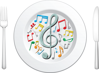Our food are music, tableware and musical notes in the plate on the white background