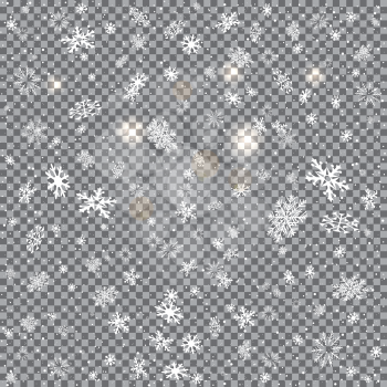 Falling snow closeup and light reflect effect isolated on transparent backdrop. Christmas and New Year snowfall template