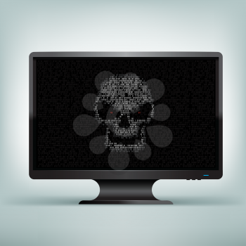 Programming code shows hacker skull with red eyes on black computer monitor on light mesh background. The computer was hacked