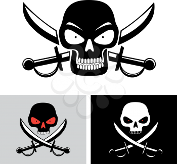 Simple illustration of pirate skull with red eyes and sabers on background isolated on white. Pirate, piracy symbol