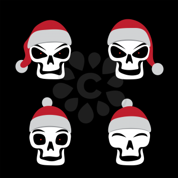 Different skull emotion in Santa red hat on black background. Christmas holiday celebration