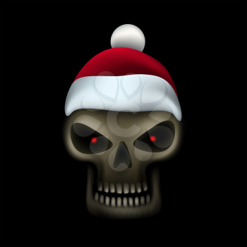 Skull in Santa red hat on black background. Christmas celebration