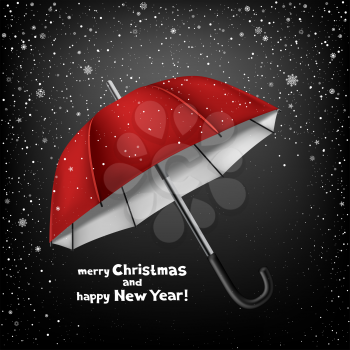 Winter dark background with snow and opened red umbrella. Lettering merry Christmas and happy New Year