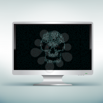 Programming blue code shows hacker skull on white computer monitor on light mesh background. Hacked computer