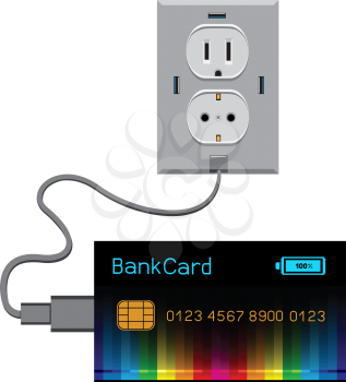 Bank black multicolor rainbow card cash loading from usb outlet isolated on white background. Idea concept charging money