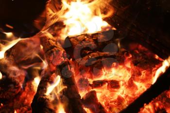 Burning log fire in fireplace. Closeup flame. Barbecue coal blazing
