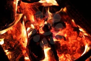Closeup log fire heat fireplace. Burning flame. Barbecue coal blazing