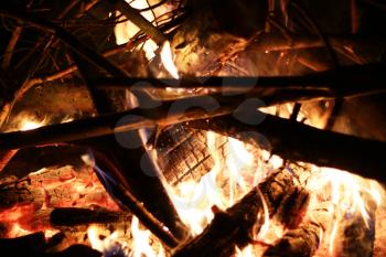 Burning big log fire in night fireplace. Closeup flame. Bonfire campfire