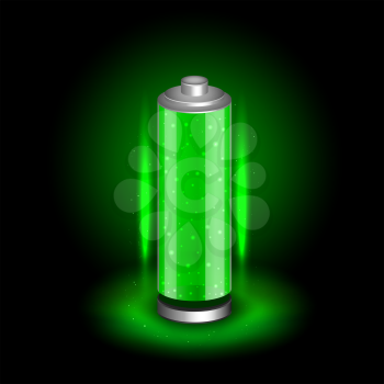 Charged battery icon on black dark background. Glossy accumulator with full green indicator color charge. Easy to edit width height thickness