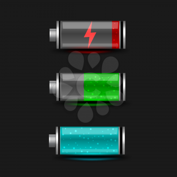 Battery accumulator electricity charger icon set on black background. Glossy batteries collection with red green and blue indicator color charge. Easy to edit width height thickness and charge