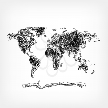 Drawing world map on white background. Drawn black color earth land continent. Ecology planet pollution
