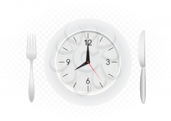 Tablewares indicate time to breakfast. Plate with clock, fork and knife on white transparent background