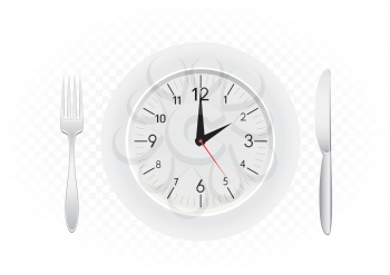 Tablewares indicate time to dinner. Plate with clock, fork and knife on white transparent background