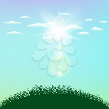 Sunny sky sunlight and green pasture hill silhouette. Spring or summer grass on clouds background. Beautiful nature meadow